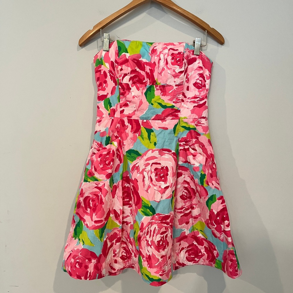 Lilly Pulitzer Strapless Floral Fit Flare Dress Hotty Pink 4 Pockets Rose Print